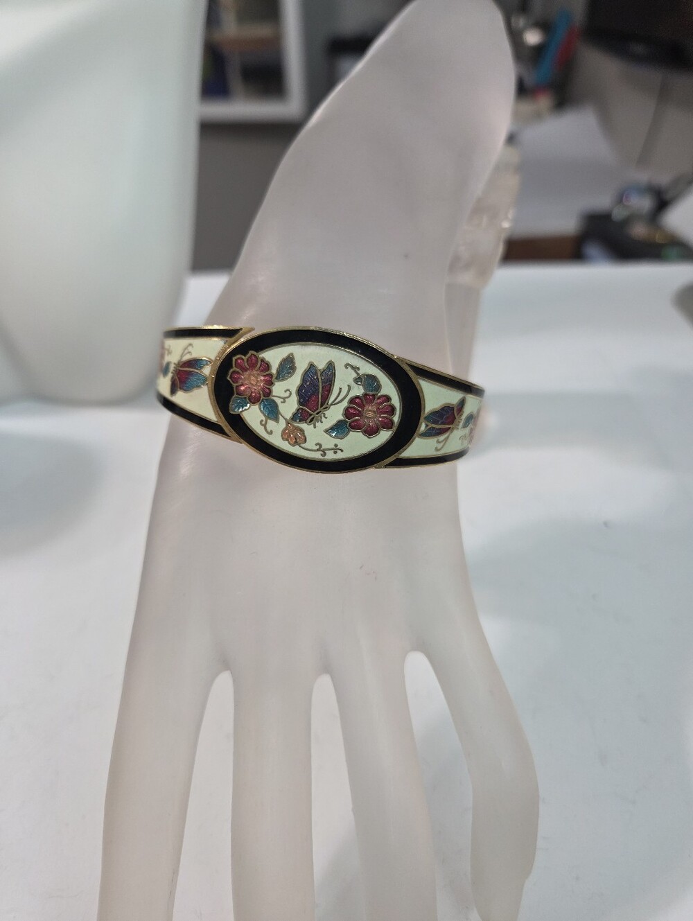 vtg cloisonne clamper bracelet gold tone ivory floral butterfly asian style